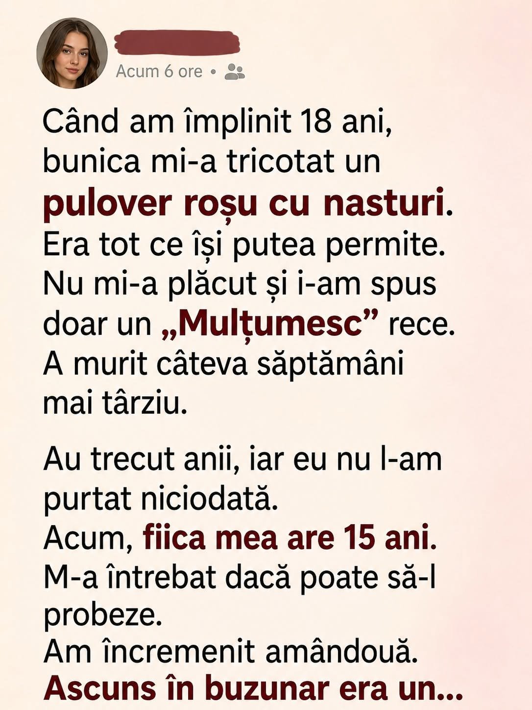 Nu am purtat niciodată puloverul bunicii. Când fiica mea l-a probat, am încremenit